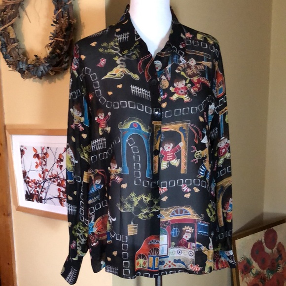 CHICOS size 2  Medium SILK Fun Asian Print Eastern Vibe Graphic Print $109 NEW - Picture 2 of 16
